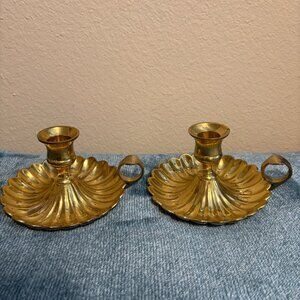 Set of 2 Vintage Brass Candlestick Holders Midcentury Golden Tone Decor